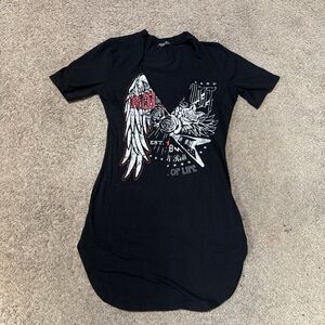 Fashion Nova Black Graphic Tee with Red and White Accents